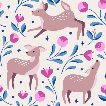 Vector decorative Christmas seamless pattern. Cute illustration with deer, leaves, xmas elements for greeting cards, social media post, print design.のイラスト素材