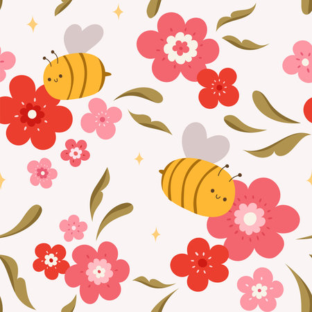 Vector seamless pattern of cute bees and flowers. Modern floral background. Decorative botanical texture for fabric, textile,Â  wallpaper, design.のイラスト素材