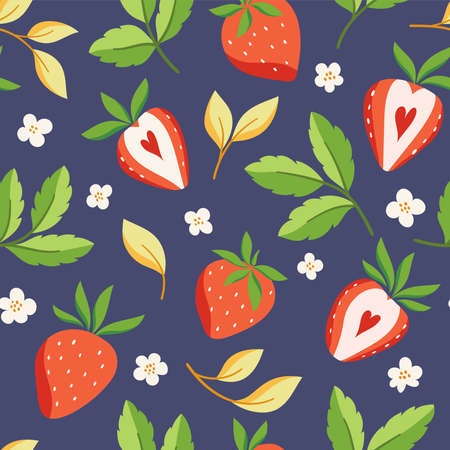 Seamless vector strawberry pattern.Â  Modern floral background with fruits, leaves. Modern template for social media, print, product, greeting cards.のイラスト素材
