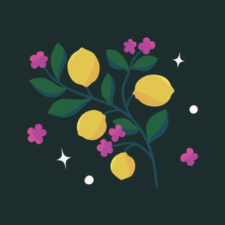 Lemons and flowers on a dark background. Vector illustration.のイラスト素材