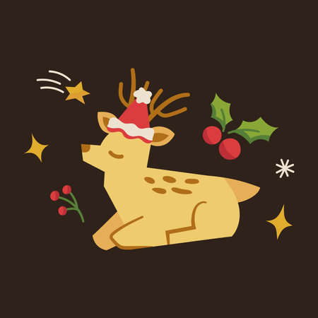 Cute cartoon deer with christmas hat. Vector illustration in flat style.のイラスト素材