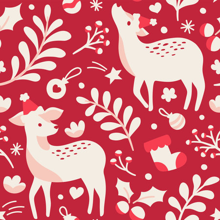 Seamless pattern with cute deer and Christmas elements. Vector illustration.のイラスト素材
