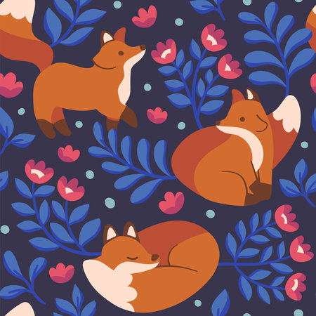 Cute seamless pattern with fox and floral elements. Vector illustration with cartoon drawings for print, fabric, textile.のイラスト素材