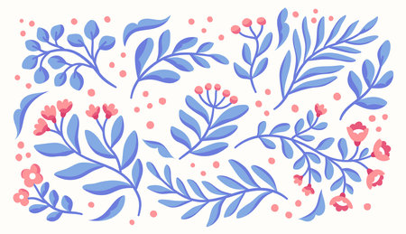 Set of hand drawn floral elements. Branches with leaves and berries. Vector illustration.のイラスト素材