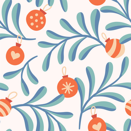 Seamless pattern with Christmas balls and branches. Vector illustration.のイラスト素材