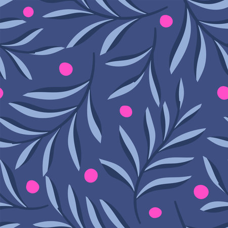 Seamless pattern with leaves and berries on a blue background.のイラスト素材