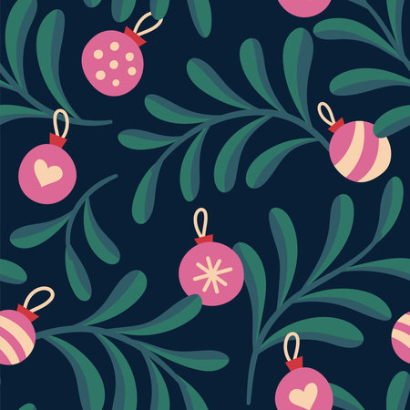Seamless pattern with Christmas balls and branches. Vector illustration.のイラスト素材