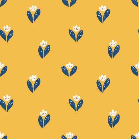 Seamless pattern with hand drawn flowers on yellow background. Vector illustration.のイラスト素材