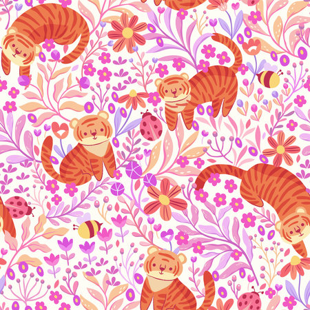 Seamless pattern with cute tigers and flowers. Vector illustration.のイラスト素材