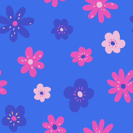 Cute seamless pattern with pink flowers on blue background. Vector illustration.のイラスト素材