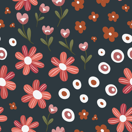 Seamless pattern with cute flowers and dots. Vector illustration.のイラスト素材