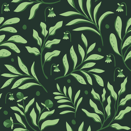 Seamless pattern with green leaves and flowers. Vector illustration.のイラスト素材