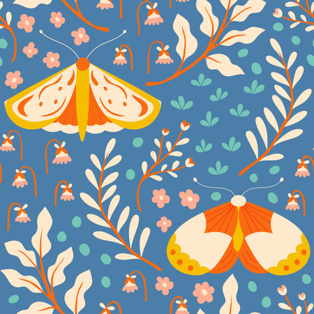 Seamless pattern with butterflies, flowers and leaves. Vector illustration.のイラスト素材