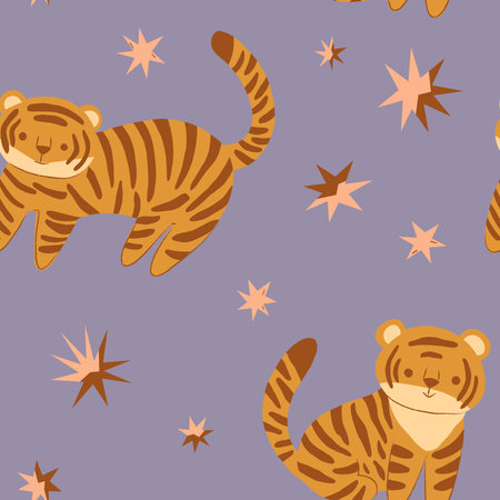 Seamless pattern with cute tiger and stars. Vector illustration.のイラスト素材