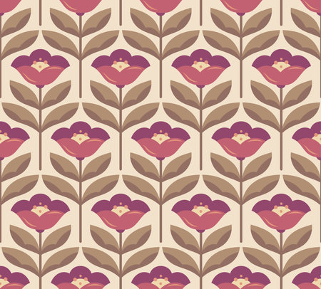 Seamless floral pattern with pink flowers and leaves on beige backgroundのイラスト素材