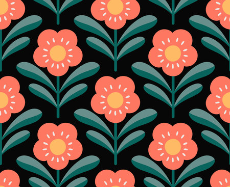 Seamless pattern with red flowers on black background. Vector illustration.のイラスト素材