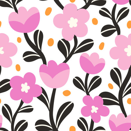 Seamless pattern with pink flowers on white background. Vector illustration.のイラスト素材
