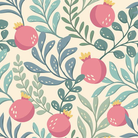 Vector seamless pattern with pomegranates and branches. Hand drawn background.のイラスト素材