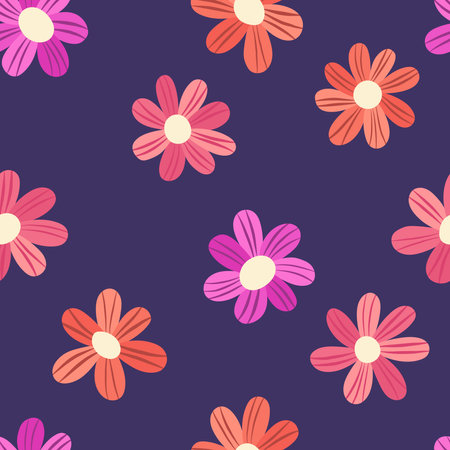 Seamless pattern with pink flowers on dark blue background. Vector illustration.のイラスト素材