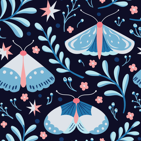 Seamless pattern with butterflies and flowers on a dark blue backgroundのイラスト素材
