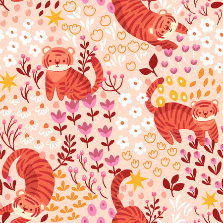 Seamless pattern with cute tigers and flowers. Vector illustration.のイラスト素材