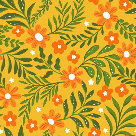 Seamless pattern with flowers and leaves on a yellow background.のイラスト素材