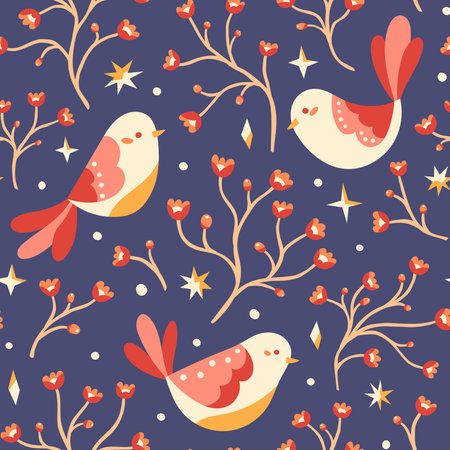 Seamless pattern with cute birds and branches. Vector illustration.のイラスト素材