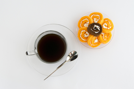 jam roll with coffeeの写真素材