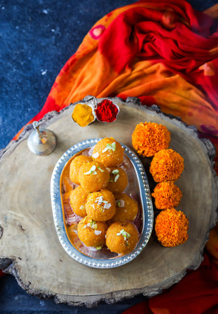 a top view of famous indian sweet motichoor laddoo usually prepared in all auspicious days and...