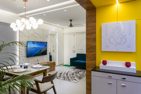 view of a colorful living room with puja area or mandir in india