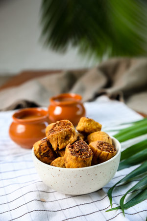 famous snack from maharashtra, india, the bakarwadi with copy space