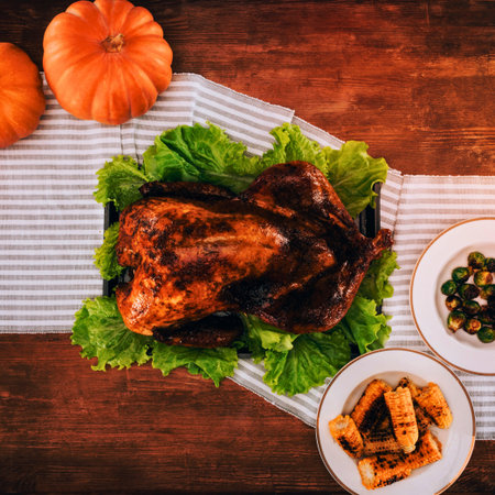 A beautifully roasted chicken sits atop a bed of lettuce, accompanied by small pumpkins and two side dishes.の写真素材