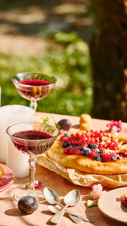A delightful outdoor table setting features two glasses of red wine, a fruit tart, and dessert plates, perfect for a summer gathering.の写真素材