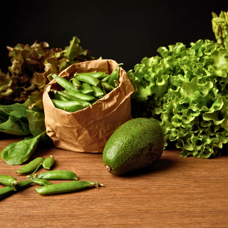 A rustic arrangement of fresh edamame in a paper bag, a ripe avocado, and leafy green vegetables on a wooden surface.の写真素材