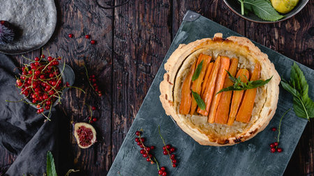 A close-up overhead view of a golden-brown tart filled with vibrant sliced carrots and garnished with fresh green herbs.の写真素材
