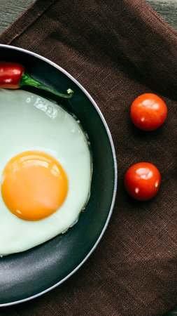 A single, sunny-side-up fried egg cooks in a black non-stick pan, accompanied by two ripe cherry tomatoes on a textured brown surface.の写真素材
