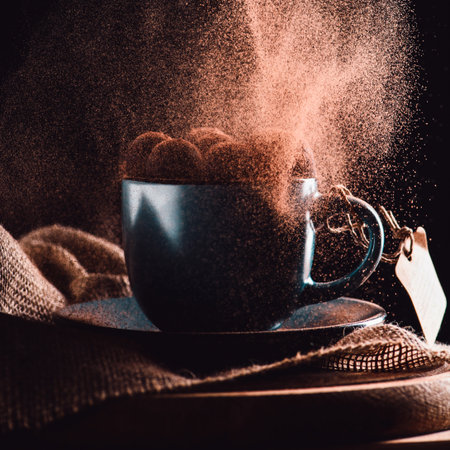 Rich cocoa powder is dramatically sprinkled into a dark mug, creating a warm and inviting scene with a textured blanket.の写真素材