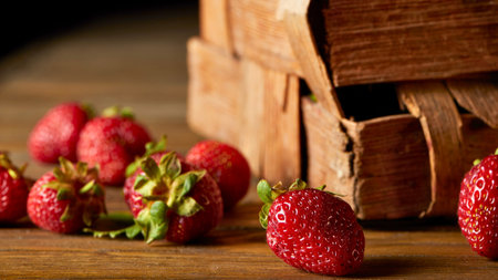 A close-up shot showcases ripe, red strawberries scattered on a wooden table, with a rustic basket in the background.の写真素材