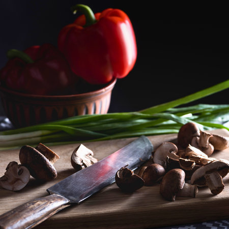 A vibrant red bell pepper, mushrooms, and green onions are artfully arranged on a wooden cutting board with a knife.の写真素材