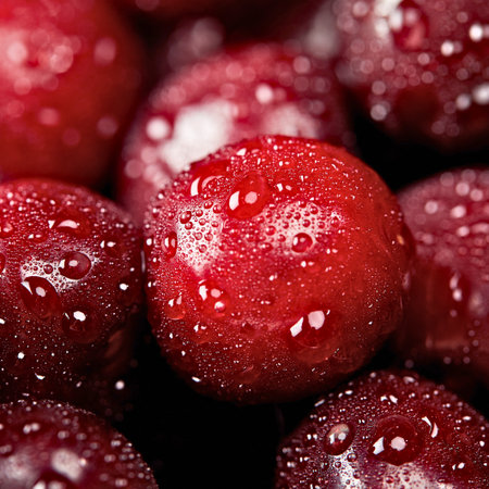 Macro view of glistening red cherries covered in water droplets, showcasing their vibrant color and texture.の写真素材
