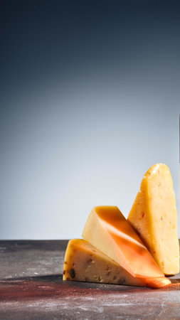 Close-up of golden-hued cheese wedges artfully arranged on a textured wooden surface, with a soft, gradient background.の写真素材