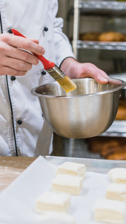 A chef in a white uniform meticulously mixes a yellow batter in a stainless steel bowl with a red silicone spatula.の写真素材