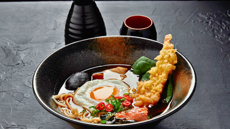 A steaming bowl of Japanese noodle soup featuring crispy tempura, egg, and other ingredients, served with a sake bottle and cup.の写真素材