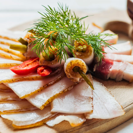 A close-up view of a rustic platter featuring thinly sliced cured meats, pickled vegetables, and fresh herbs, perfect for a celebratory meal.の写真素材
