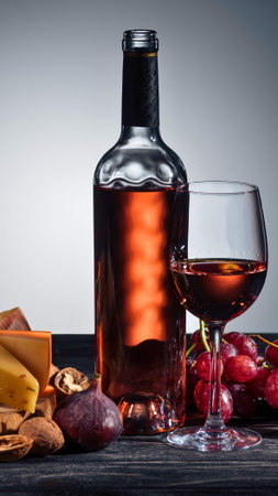 A dark glass bottle and a stemmed glass filled with amber liquid, surrounded by nuts and dark red fruit on a dark surface.の写真素材