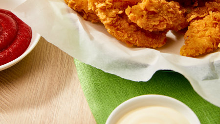 Golden brown, crispy fried chicken pieces served with a side of ketchup and a creamy dipping sauce.の写真素材