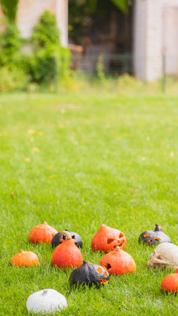 A collection of vibrant orange, purple, and white cones are spread across a well-maintained grassy area, suggesting outdoor activity.の写真素材