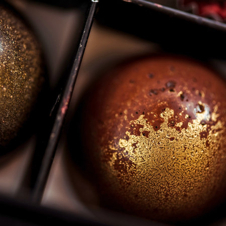 A close-up view of two round chocolates, one with a rich brown hue and the other with a golden shimmer, both adorned with edible gold leaf.の写真素材
