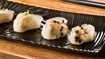 Close-up of delicate Asian appetizers, possibly dim sum or sushi rolls, artfully arranged on a textured black platter.の写真素材