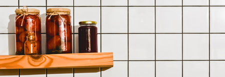 Three amber glass bottles containing dark liquids are displayed on a rustic wooden shelf against a tiled background.の写真素材